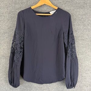 Joseph Ribkoff Womens Long Crochet Sleeve Top Size 4 Navy Boho Office Career